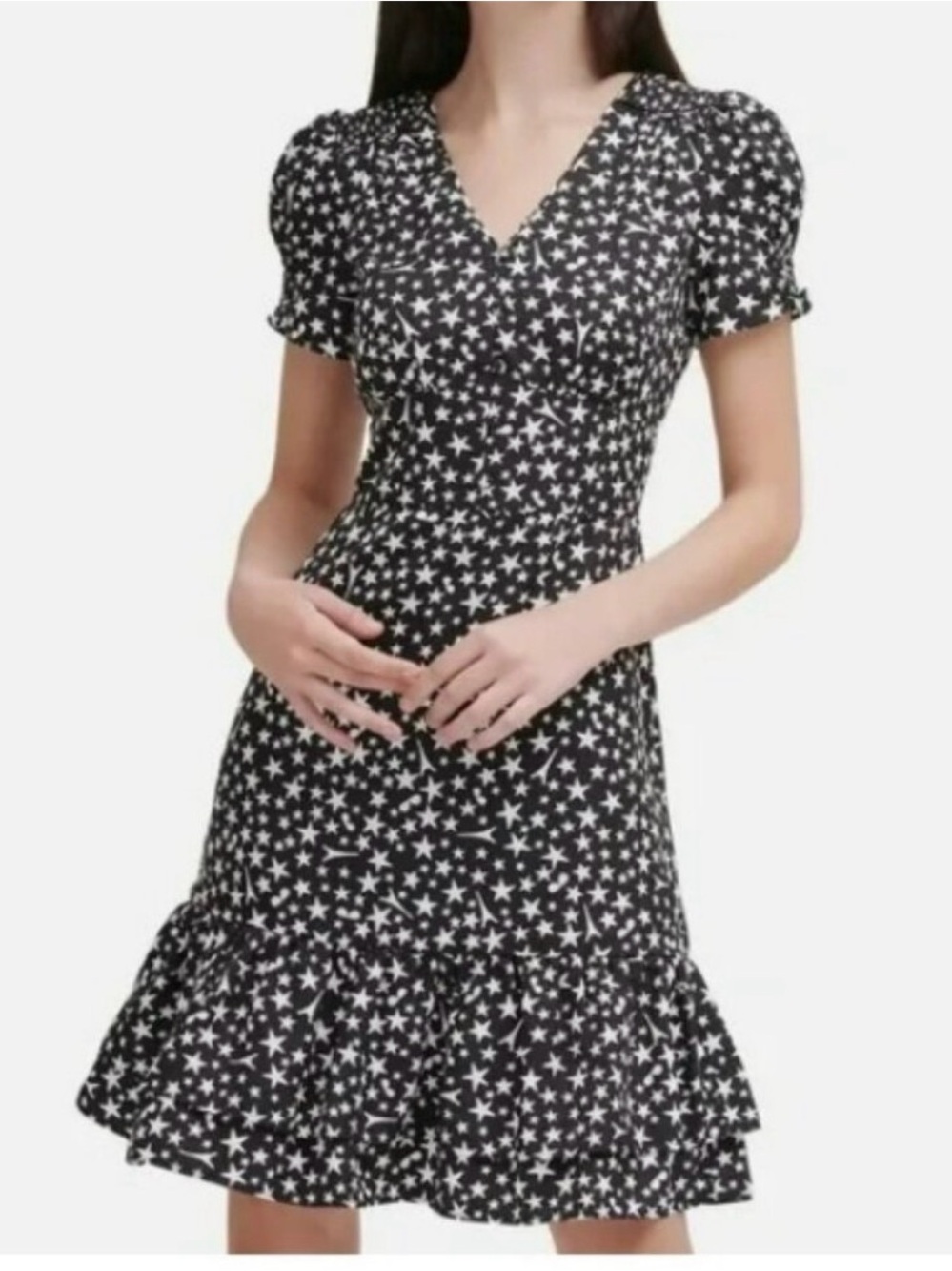 Karl Lagerfeld Black Star-Print V-Neck Ruffle Mini Dress